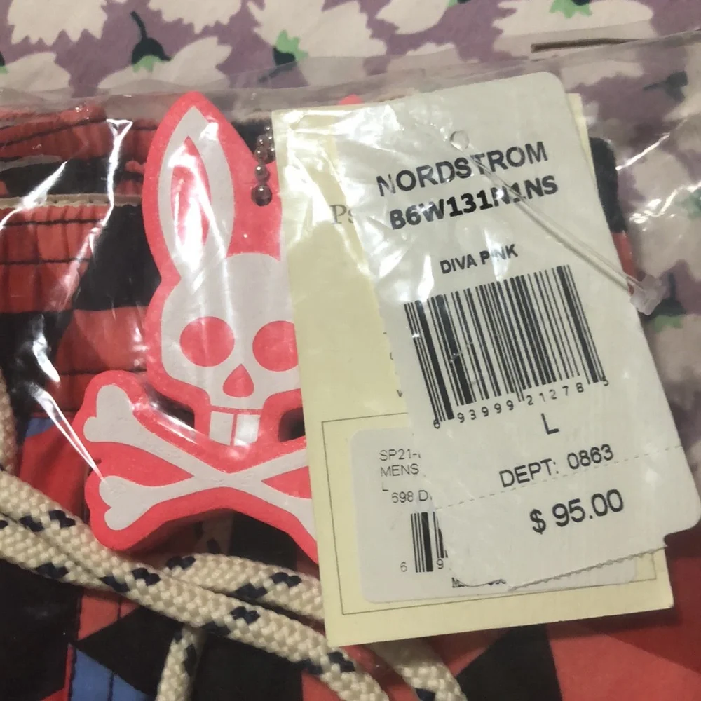 Psycho Bunny Red Blue Black Geometric Swim Trunks